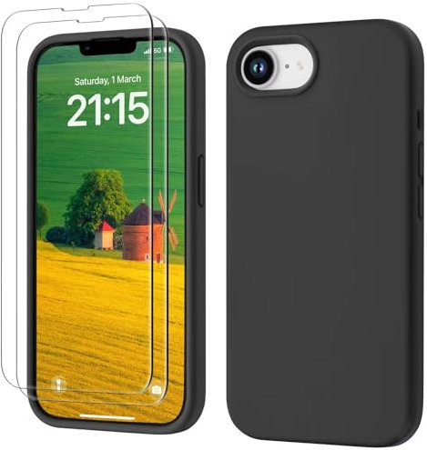 GOODVISH 3 in 1 für iPhone 16e Hülle mit 2 Stück Schutzfolie, Liquid Silikon Handyhülle Soft Mikrofaserfutter Kratzfest Stoßfeste Schutzhülle Case für iPhone 16e 6.1 Zoll, Schwarz