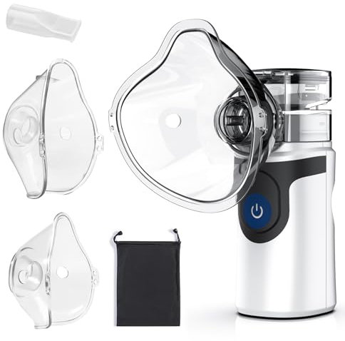 Robofun Tragbar Inhaliergerät für Erwachsene und Kinder, Vernebler Inhaliergerät, Partikelgröße ≤3,7 μm, Elektrische Inhalatoren Aufladbarer, Leise und Effiziente, mit 2 Masken,1 Mundstück