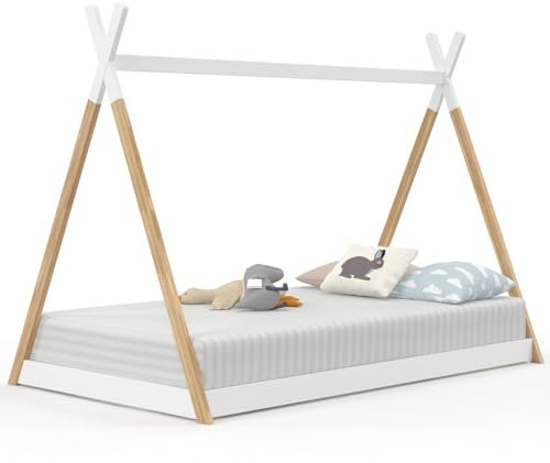 IDMarket Tipi-Bett für Kinder, 90 x 190 cm, mit Lattenrost, Holz und Weiß