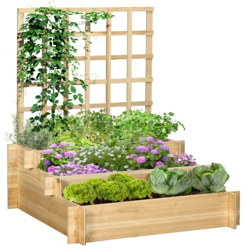 Outsunny Hochbeet mit Rankhilfe 3-Stufig Vliesstoff Naturholz 95x95x110cm | Blumenkasten, Gemüsebeet, Stufiger Pflanzkasten, Kräuterbeet, Stufenbeet für Garten, Balkon, Tannenholz