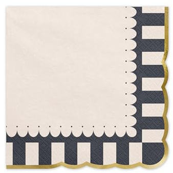 PartyDeco Servietten mit Goldrand 33x33cm 12 Stück 3-lagig - Serviette mit gestreifter Umrandung für Geburtstag Halloween - Einweg Papierservietten Geburtstagsservietten - Schwarz Ivory Gold
