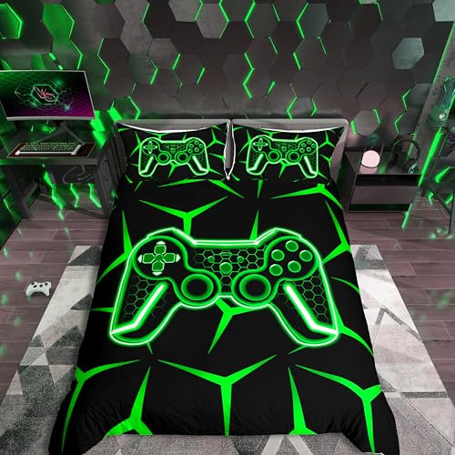 Homemissing Gamer Bettwäsche Set 135x200cm Kinder Gaming Bettbezug Set Jugendliche Spiel Controller Bettwäsche Geometrische Gamepad Grün Jungen Zimmer Dekor 2 Stück mit Reißverschluss