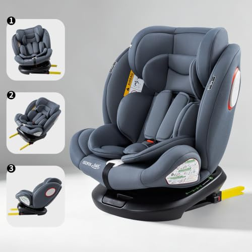 ALYIKOU i-Size Girevole 360, Seggiolino Auto 0-36 Kg, 0-12 anni, ISOFIX con Top Tether, Seggiolino Reclinabile 6 Posizioni, 12 Posizioni Poggiatesta