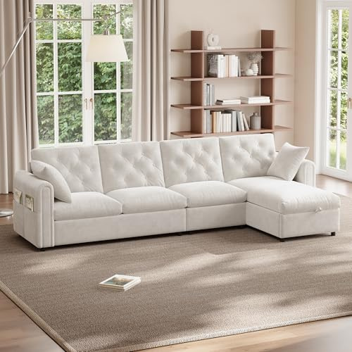 Arhatreya 4 Sitzer Sofa Gästesofa Modern Couch, 4er Sitzsofa mit Stauraum, L-förmiges Ecksofa für Wohnzimmer Studio Wohnung, Samt, Beige