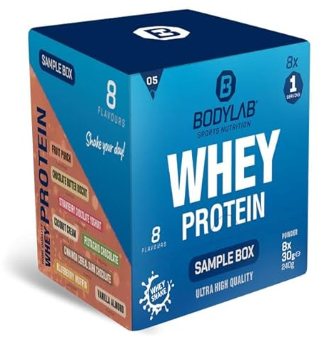 Bodylab24 Whey Protein Probierbox 5, 8 x 30 g | Bis zu 24 g Protein pro Portion, hochwertiges Molkenprotein, perfekt löslich, ideal für Protein Shakes rund ums Training