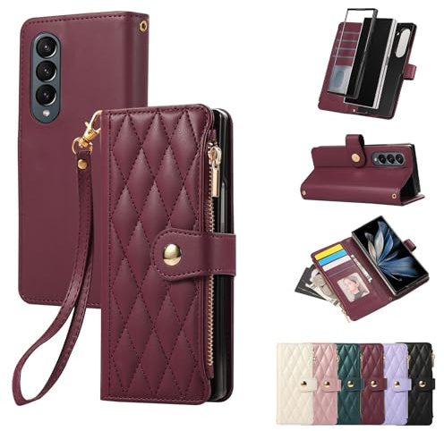 Vaitasy Custodia per Samsung Galaxy Z Fold4 Rosso | Pelle PU Cerniera Custodia a Portafoglio per Galaxy Z Fold 4 Custodia con Magnetica Flip Stand Case Cover
