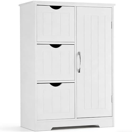 DUMOS Badezimmerschrank, MDF Kommode mit Schubladen, Badschrank Schmal Klein, Beistellschrank mit 3 Schubladen, 55 x 28.5 x 81 cm, für Badezimmer, Wohnzimmer, Schlafzimmer, Esszimmer, Küche, Weiß