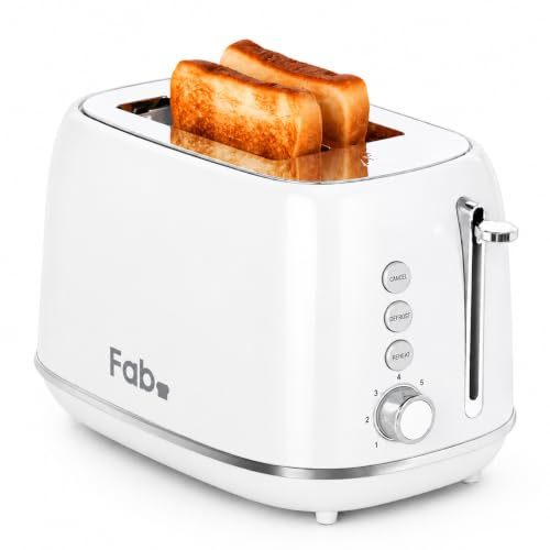 Fab by Kitchen in the box Toaster 2 Slice Extra Wide Slot, 7-Level Browning | Stainless Steel Toaster with Defrost, Reheat & Cancel Functions, Removable Crumb Tray, 800W, Compact 2 Slice Toaster (White)