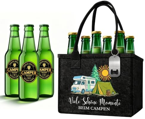 Yezirzax Camping Geschenke Set für Camper, Filz Bierträger mit Flaschenöffner und 6 Camper Bieretiketten, Bier Tasche Für 6 Flaschen, Camping Gadgets, Wohnwagen Deko, Geschenk Für Campingliebhaber