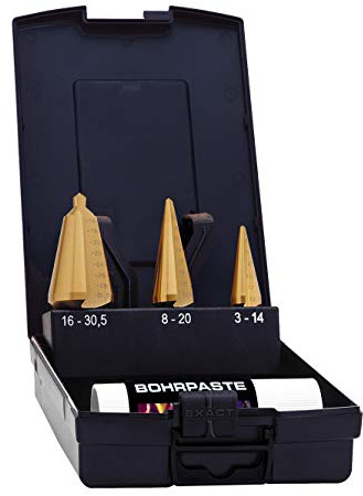Exact 50105 Sheet Metal Drill Bit Set 3-14/4-20/16-30.5 mm + Drilling Paste, HSS TiN Coating