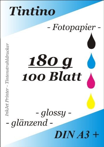 A3+ - 100 Blatt Fotopapier DIN - A 3 + - 180g/qm - 480 x 330 mm - glossy glaenzend - sofort trocken - wasserfest - hochweiß - sehr hohe Farbbrillianz fuer InkJet Drucker Tintenstrahldrucker