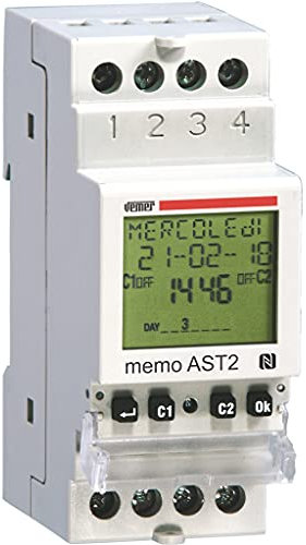 VEMER VE343000 MEMO AST2 - Minuterie Crépusculaire Astronomique, Interrupteur avec Interface NFC, Installation sur rail DIN, 2 Canaux, Blanc
