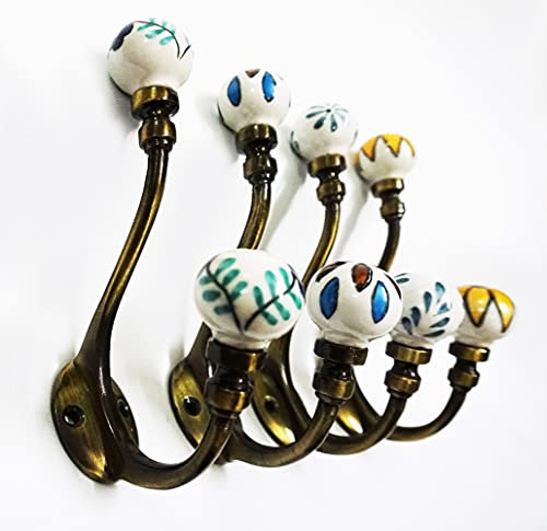 4 x Vintage Look Floral Wall Metal Painted Ceramic Coat Hook Hanger Door Cafe Office