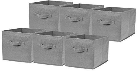Set of 6 Large Foldable Square Storage Cubes, Fabric Organiser Canvas Cube Boxes Collapsible for Home, Bedroom, Nursery Office, Playroom Toys, 28 x 28 x 28 cm (Grey)