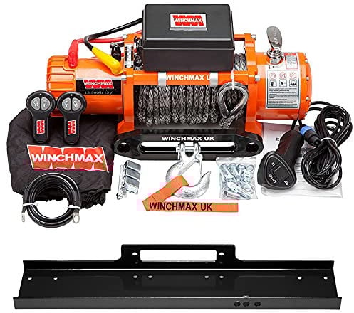 Winchmax 13500 lb / 6123 kg Verricello Elettrico Originale Arancione 12v. Corda Dyneema 28 m x 11 mm. Gancio a Forcella da 3/8 di Pollice. Telecomandi Senza Fili. Piastra di Montaggio per pianale.