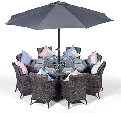 Savannah 8 Seater Grey Rattan Dining Table & Chairs with Ice Bucket Drinks Cooler | Outdoor Poly Rattan Garden Dining Furniture Set with Parasol & Cover