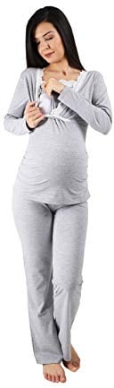 M.M.C. Still-Pyjama Set mit Spitze für Damen - Umstandspyjama Schlafanzug Nachtwäsche für Schwangerschaft und Stillzeit mit Stillfunktion, Langarm (Grau, Medium)