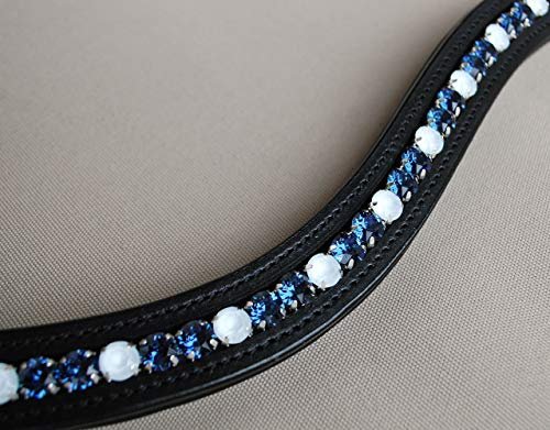GlücksHucke Glitzer Stirnriemen Pferd blau 'Heaven' geschwungen, weich unterlegt (Pony, Leder Schwarz)