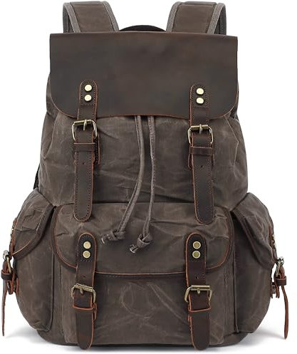 HuaChen Mochila de piel de lona encerada para hombre, mochila de viaje vintage, mochila casual grande - M80 gris