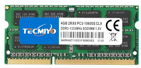 TECMIYO 4GB Kit (1X4GB) DDR3 1333MHz Sodimm RAM PC3-10600 PC3-10600S 1.5V CL9 204 Pin 2RX8 Dual Rank Non-ECC Memoria RAM sin búfer Ideal por actualización de computadora portátil