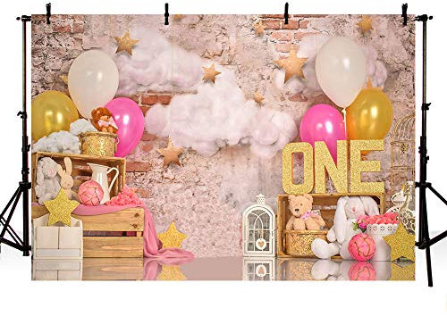 MEHOFOND 2,1 x 1,5 m Rosa Prinzessin Happy 1st Birthday Party Hintergrund Kinder Mädchen Ballon Bunny Gold Star Brick Wall Fotografie Hintergrund Fotoshooting Requisiten Dekor Banner Portrait Zubehör