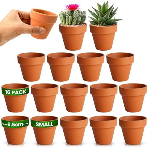 Green Thumbz Terracotta Plant Pots - 6.5cm x 16 Pack Multi Purpose Mini Pots for Plants, Flowers, Candle Making, and Painted Art