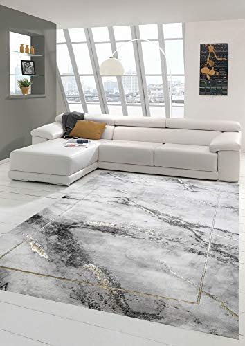 Teppich-Traum Kurzflor Teppich Marmor Grau Gold 200x200 cm | Pflegeleicht, schmutzabweisend, strapazierfähig, fußbodenheizungsgeeignet, seitlich gekettelt, OEKO-TEX geprüft, 12 mm Flor