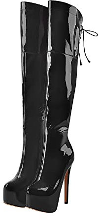 Only maker Damen Schwarz Lackoptik Plateau Silber Stiletto mit Schnür Reissverschluss Overknee Stiefel 41 EU