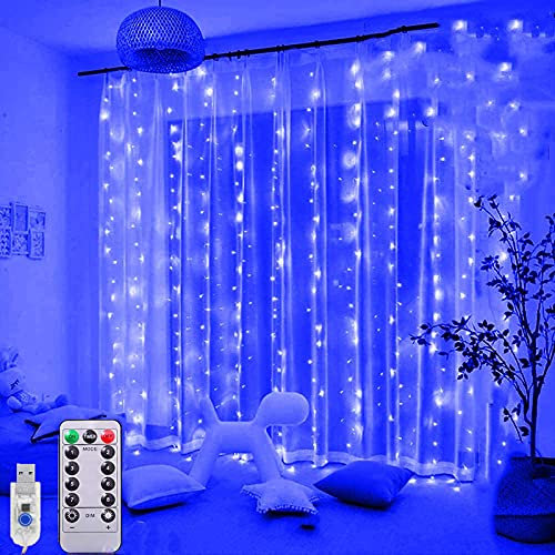 LED Lichtervorhang - 3x3m 300 LEDs Vorhanglichter mit 8 Modi-USB Lichterkettenvorhang mit Fernbedienung - LED Lichterketten für Party Weihnachten Außen Innen Schlafzimmer Deko(Blau)