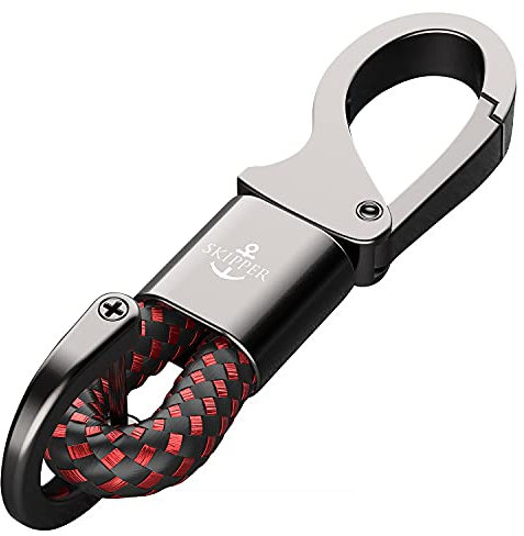 Skipper D-Clip Karabiner Schlüsselanhänger aus Leder Imitat Geschenk für Frau Mann Auto Schwarz 8747 - Schwarz/Rot