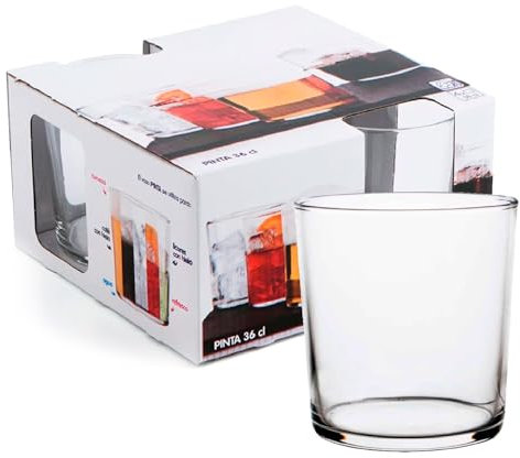Tradineur - Caja de 4 Vasos Modelo Pinta - Capacidad: 360 ml - Fabricado en Vidrio Resistente - Apto para lavavajillas - Tamaño Aprox: Ø 8,5 x 9 cm - 4 Uds Totales