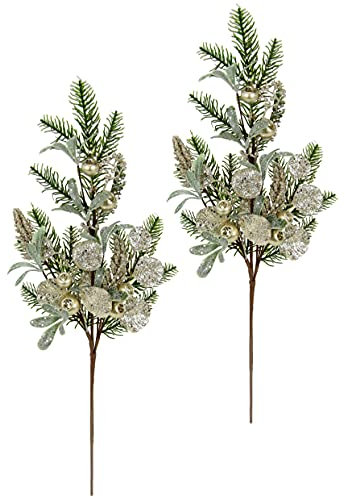Künstlicher Mixed-Zweig Tanne Mistel mit Beeren und Blättern Koniferen mit Glitzer Dekozweig Beerenzweig Kunstblume Zweig Blumen Kunstzweig Stielblume Dekoration für Girlande Kranz Weihnachtsdeko
