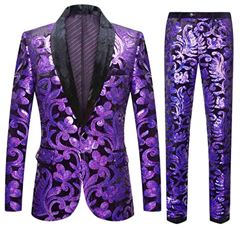 CARFFIV Herren Modische Blumenmuster Pailletten Zweiteiler Set Anzüge