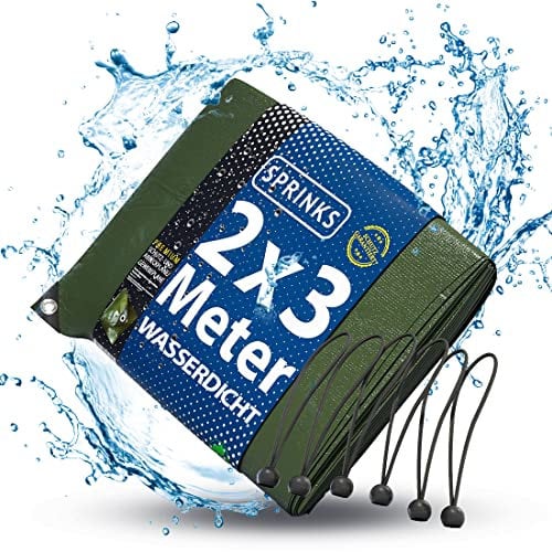 SPRINKS® Abdeckplane Professional 240 g/m² [2x3m] - Robuste Gewebeplane mit Ösen - Plane Wasserdicht und UV Beständig - Tarp Outdoor - Wetterfeste Allzweckplane inkl. 6 Plannenspanner