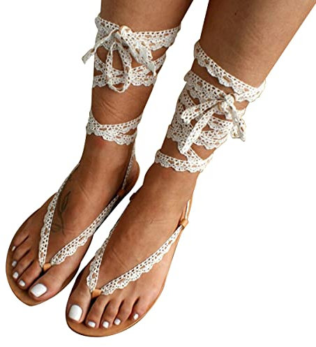 ORANDESIGNE Sandales Femmes Plates Bohême Sandales Été Clip Toe T-Sangle Chaussures De Plage Flip Flop Sexy Sandales Nu-Pieds Décontractées en Dentelle Florale Claquettes N Beige 38 EU