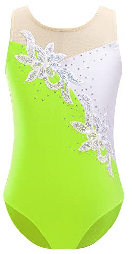 iEFiEL Mädchen Turnanzug Glitzer Gymnastikanzug ÄrmellosTurnanzug Glänzend Trikotanzug Gymnastik Leotard Training Gymnastikbody Leuchtendes Grün 146-152