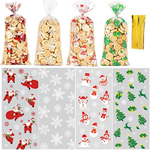 100 Sachet Biscuit Noel Sachets Transparents Plastique,Sachet Alimentaire Cellophane Noël sachet plastique enfant sacs pour chocolat bonbons