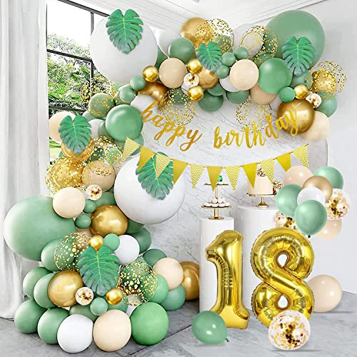 18 Geburtstag Deko Grün salbei Luftballon Girlande Geburtstagsdeko 18. Happy Birthday Banner Konfetti ballons Folienballon 18 Jahre Geburtstag Junge Mädchen Party Decorations