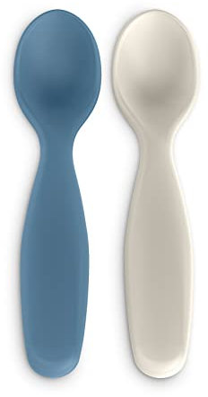 Suavinex, Pack 2 Cuillères pour Bébés. Convient aux Gencives Sensibles. Pour Bouilles et Petits Pots. Aptes pour le Lave - Vaisselle. Pour Bébés +4 Mois, Bleu + Gris