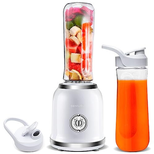 Geniuslix Personal Blender for Smoothies and Smoothies - Mini Portable Smoothie Blender with 2 BPA Free Travel Bottles, 20 oz with Lids, 2 Speed Manual Control, 6 Stainless Steel Blades for Crushing