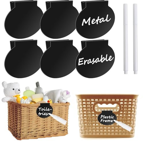 Metal Labels for Storage Bins Clip On, 6 Pack Pantry Baskets Tags, Removable Pantry Fabric Closet Box Container Holders Hanging Drawer Labels with Chalk Markers