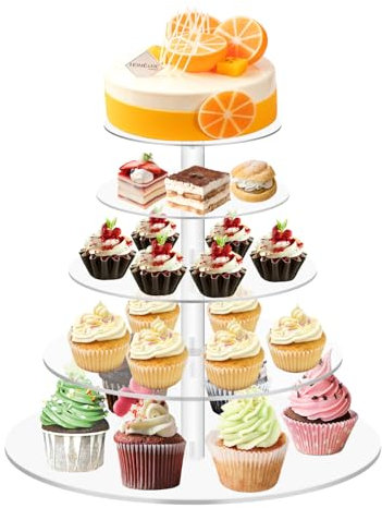 AKOLAFE Cake Stand Acrylic 5 Tier Cupcake Stand Round Cupcake Display Stand Holder Clear Cake Stand Tower Cake Display Stand for Birthday, Wedding and Party, 4 Inch Height