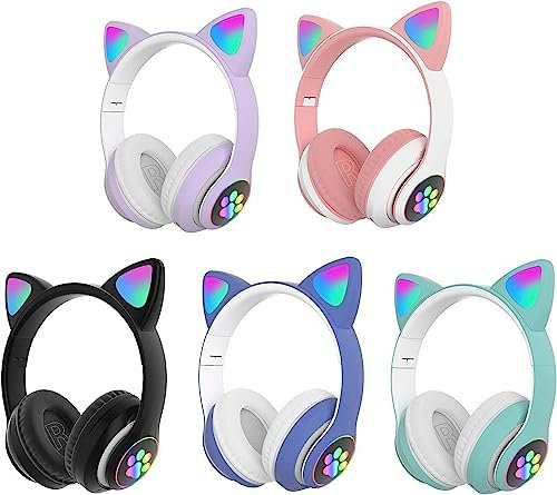 BCM Auriculares Niños Inalámbricos Luz LED Cascos Diadema Orejas de Gato para Niñas Niños, Bluetooth Plegables TV Regalo Cumpleaños Navidad Morado (Green - Verde)