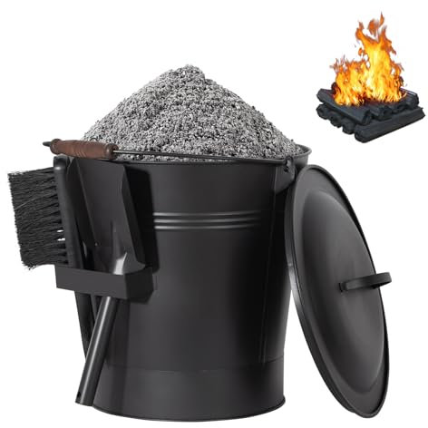 Todeco Ascheeimer mit Deckel, Schaufel und Aschebesen, 24 Liter Kohleeimer Aschetonne mit Tragegriff, Kamineimer für Kamin, Ofen, Grill, Feuerstelle, Holzofen, Schwarz