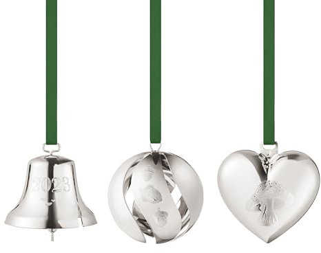Georg Jensen 2023 Geschenkset mit Glocke, Kugel und Herz in Silber - Weihnachten Hängende Dekoration von Sanne Lund Traberg mit Bändern - 3 Stück