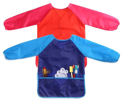 JurciCat 2 Stück Malkittel Schule 1. Klasse Malschürze Kinder Malkittel Kinder Wasserdicht Malkittel 3-7 Jahre Mädchen/Junge für Schule Kunst Malerei Kochen Essen Laboraktivität (Blau + Rosa)