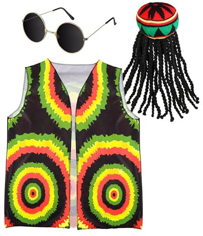 Hestya 3 Stück Halloween Hippie Kostüm Zubehör Hippie Mütze mit Schwarzer Dreadlocks Perücke Unisex Hippie Weste Hippie Brille für Erwachsene Cosplay Party Geschenke(Reggae)