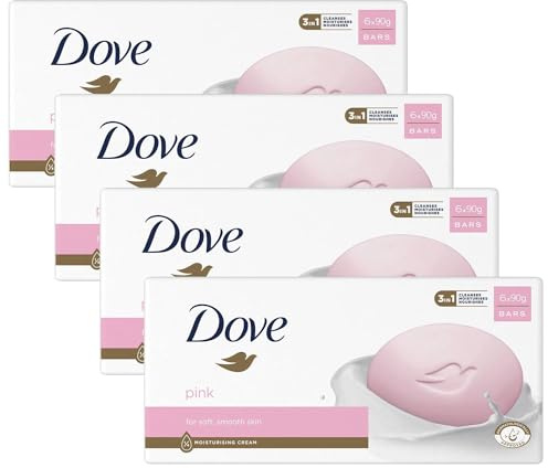 Dove Pink Moisturising Beauty Cream Bar 3 in 1 Cleanses, Moisturises and Nourishes Soap for Soft, Smooth Skin Vegan, Crealty Freee and Dermatologically Tested Beauty Soap 6x90g, 4 Pk
