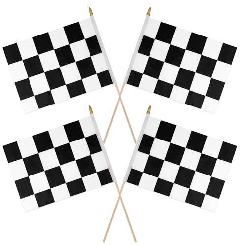 4pz 20x28cm Bandiera a Scacchi su Asta, Bianco e Nero Bandiera da Corsa con Parte Superiore Lancia Riutilizzabile NASCAR Bandiera per Auto Corsa Compleanno per Bambini Forniture per Feste Tema