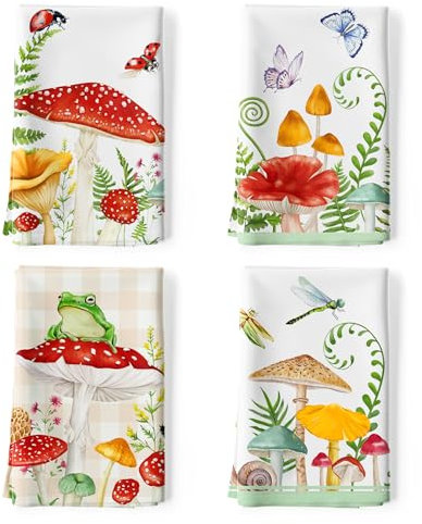 Arquiel Küchentücher Baumwolle 4 Stück, Geschirrtücher 100% Baumwolle Pilz Küchenhandtuch Set Multi-Purpose Hochwertige Küche Trockentuch Bar Handtücher 48 x 70CM